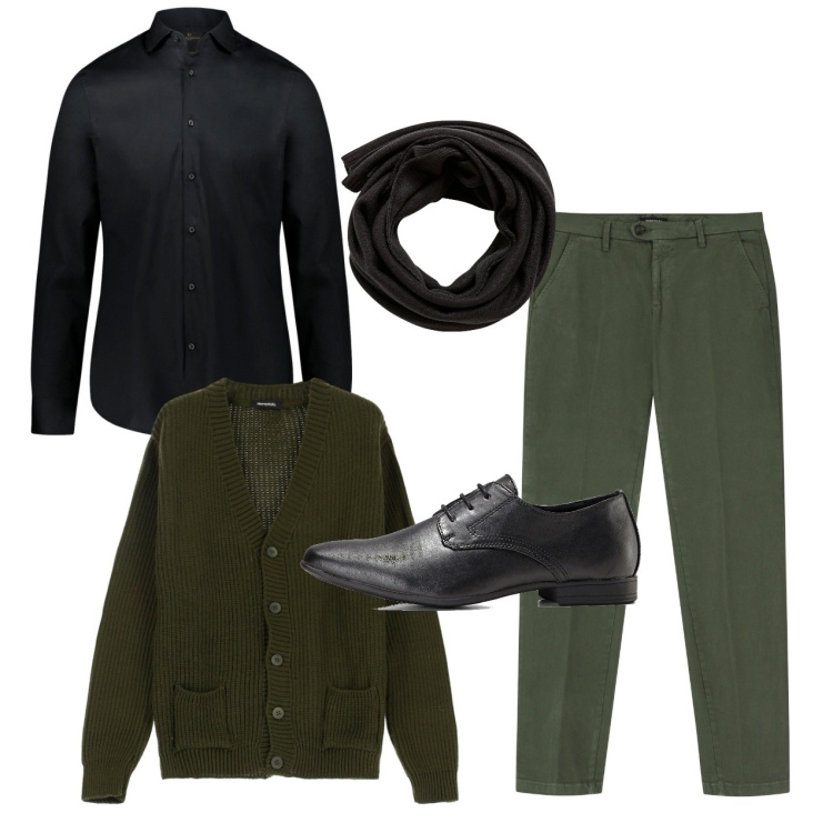 Outfit uomo - Muschio. Stile Casual per Serata speciale. Abbinamento con scarpe stringate, sciarpe, cardigans, pantaloni chino, camicie.