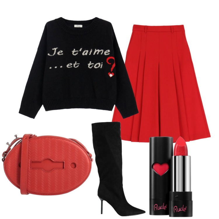 Outfit donna - Je t\'aime et toi?. Stile Chic per Serata fuori. Abbinamento con stivali, borse a tracolla, rossetti, pantaloni, maglieria.
