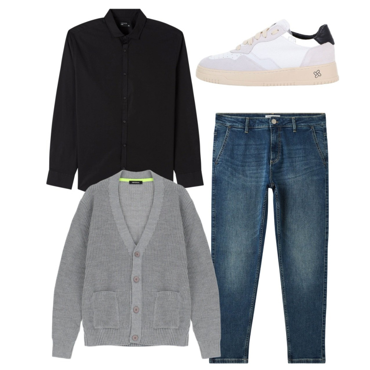 Outfit uomo - In cardigan. Stile Casual per Tutti i giorni. Abbinamento con camicie, jeans, cardigans, sneakers.
