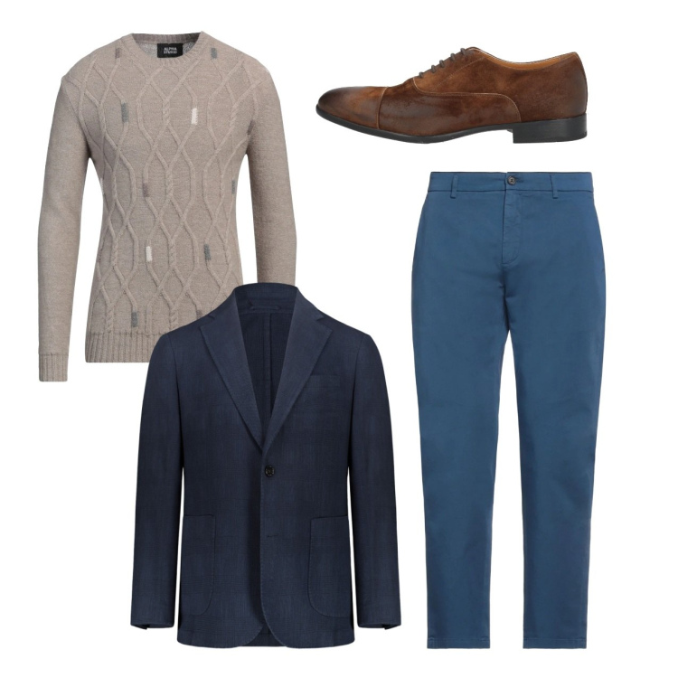 Outfit uomo - Spago e blu. Stile Casual per Serata speciale. Abbinamento con scarpe stringate, pullovers, pantaloni, giacche.