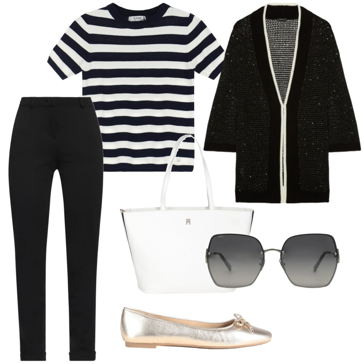 Outfit donna - Un classico. per Tutti i giorni. Abbinamento con ballerine, borse a mano, pantaloni, occhiali da sole, maglieria, cardigans.