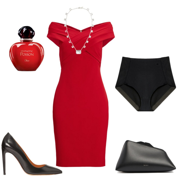 Outfit donna - Rosso e nero. Stile Chic per Cerimonia. Abbinamento con profumi, vestiti, décolleté, collane, culotte, pochette.