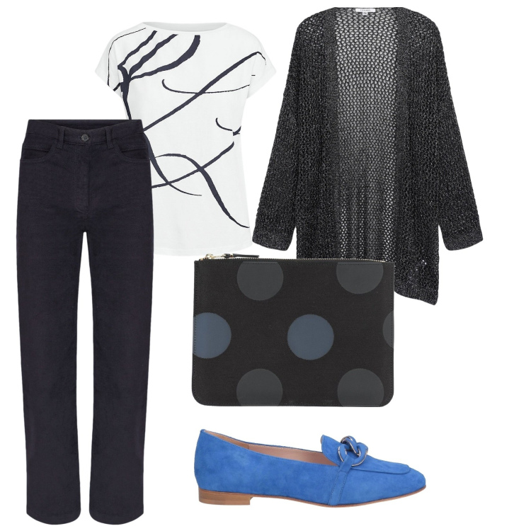 Outfit donna - Vestirsi più leggeri. per Tutti i giorni. Abbinamento con mocassini, pochette, kimono, maglieria, pantaloni.