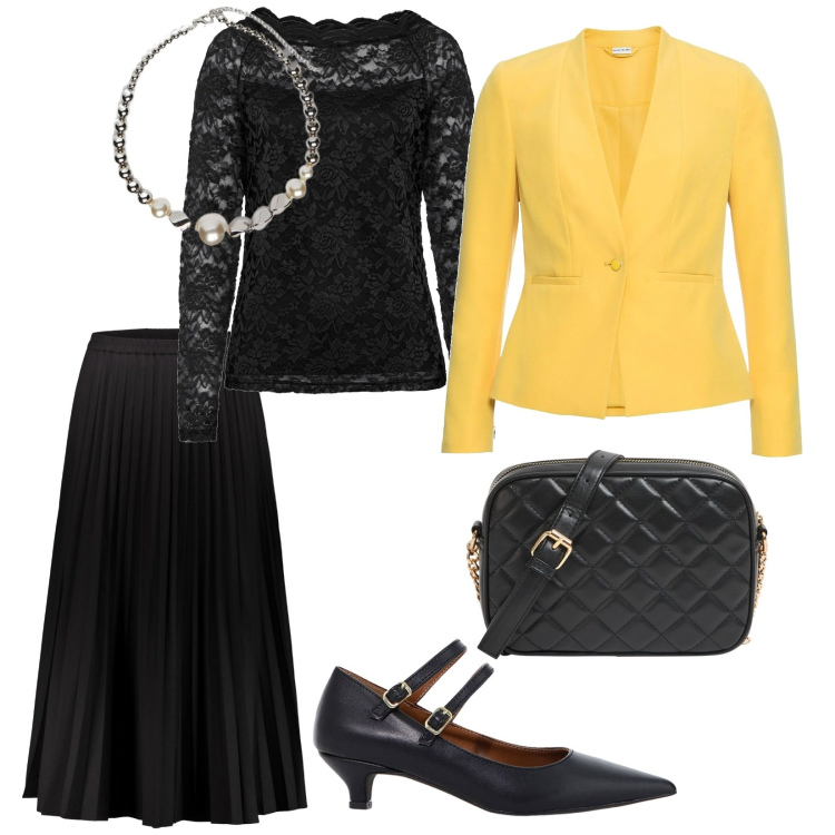 Outfit donna - Un bel compleanno. per Serata fuori. Abbinamento con blazer, maglieria, borse a tracolla, décolleté, gonne lunghe, collane.