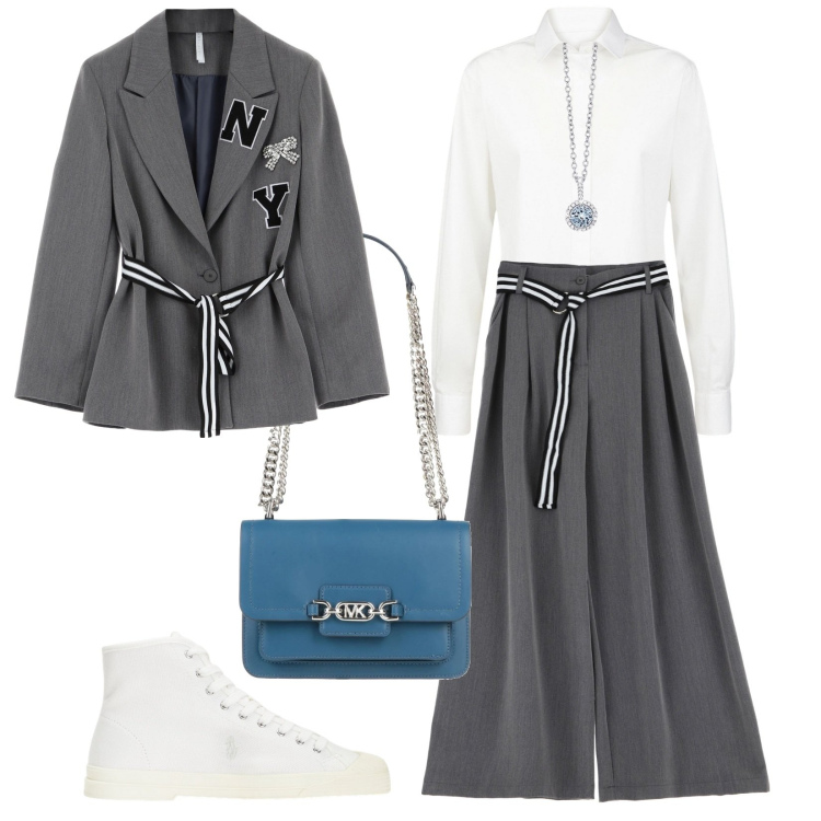 Outfit donna - Comoda ma elegante. Stile Casual chic per Tutti i giorni. Abbinamento con borse a spalla, collane, pantaloni a palazzo, blazer, sneakers alte, camicie.