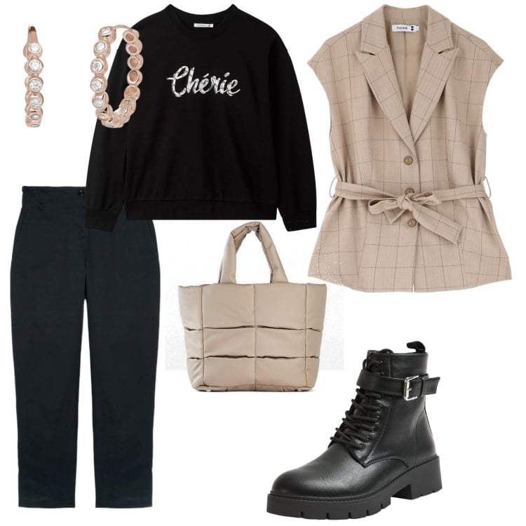 Outfit donna - Una passeggiata di domenica. per Tutti i giorni. Abbinamento con borse a mano, pantaloni, orecchini, felpe, anfibi, gilet.