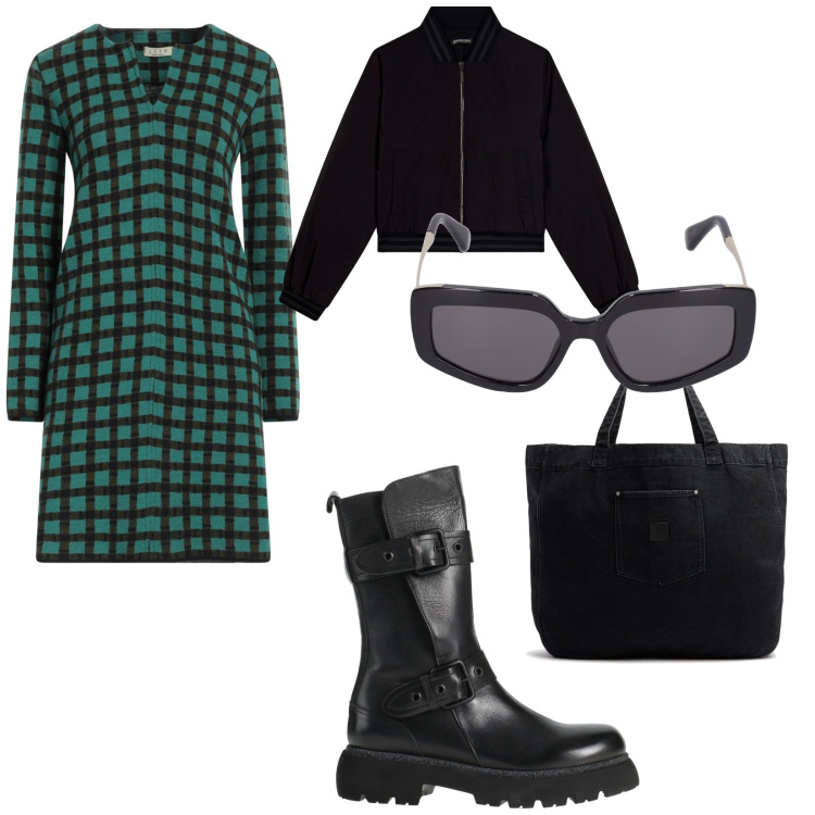 Outfit donna - Oggi un po\' di sole. per Mare. Abbinamento con vestiti corti, stivaletti, bomber, occhiali da sole, shopping bag.