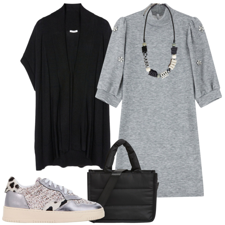 Outfit donna - Casual chic. Stile Casual chic per Tutti i giorni. Abbinamento con shopping bag, vestiti corti, sneakers, cardigans, collane.