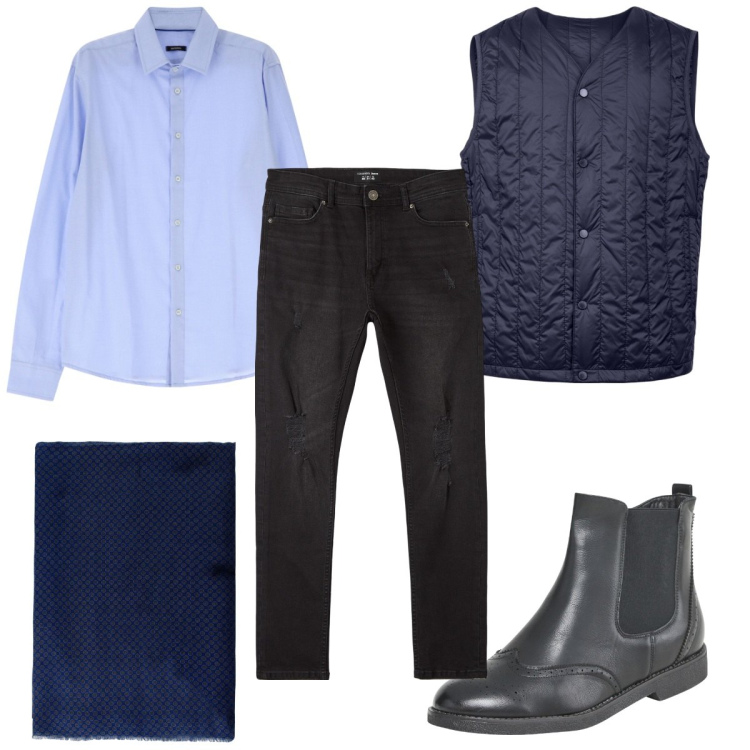 Outfit uomo - Total look #2063559. Stile Casual per Tutti i giorni. Abbinamento con stivali e stivaletti, jeans strappati, sciarpe e foulard, camicie, piumini.
