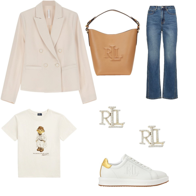 Outfit donna - Relax. Stile Casual chic per Ufficio. Abbinamento con blazer, orecchini, sneakers, t-shirt, borse a secchiello, jeans dritti.