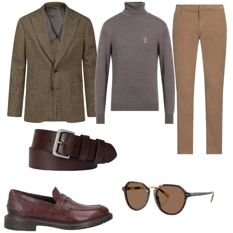 Outfit uomo - Principe di galles. Stile Casual per Ufficio. Abbinamento con scarpe stringate, maglieria, pantaloni, cinture, occhiali da sole, giacche.