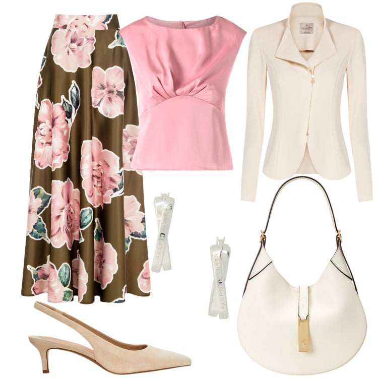 Outfit donna - Rinascimento SS25. Stile Chic per Cerimonia. Abbinamento con top, gonne, blazer, décolleté, borse a spalla, orecchini.