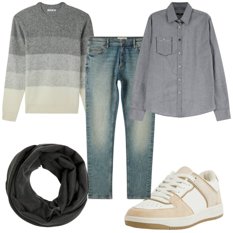 Outfit uomo - Total look #2063576. Stile Casual per Tutti i giorni. Abbinamento con sneakers, sciarpe, maglieria, jeans skinny, camicie.