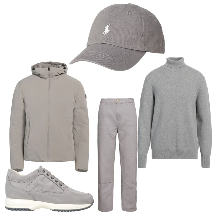 Outfit uomo - Grigio febbraio. Stile Casual per Tutti i giorni. Abbinamento con sneakers, maglieria, piumini, cappelli, pantaloni.