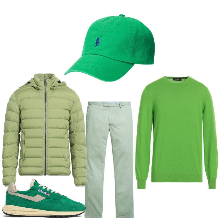 Outfit uomo - Verdeggiante. Stile Casual per Tutti i giorni. Abbinamento con pullovers, piumini, cappelli, pantaloni chino, sneakers.