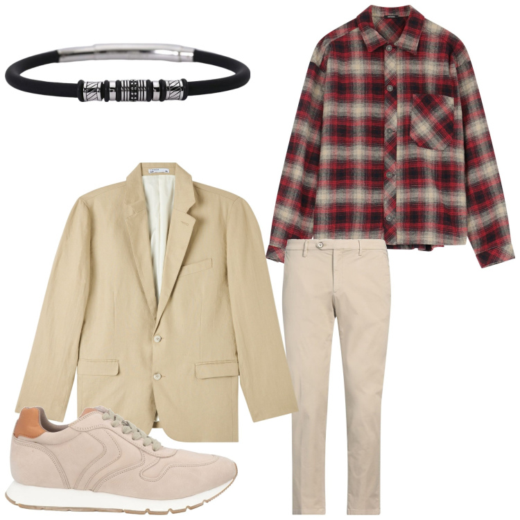 Outfit uomo - Casual chic. Stile Casual per Ufficio. Abbinamento con sneakers, pantaloni chino, giacche, braccialetti, camicie.