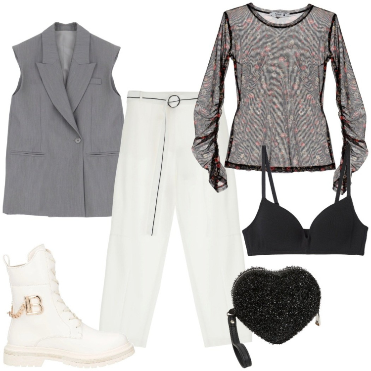 Outfit donna - Serata fuori. Stile Casual chic per Serata fuori. Abbinamento con anfibi, t-shirt, portafogli, reggiseni, gilet, pantaloni.