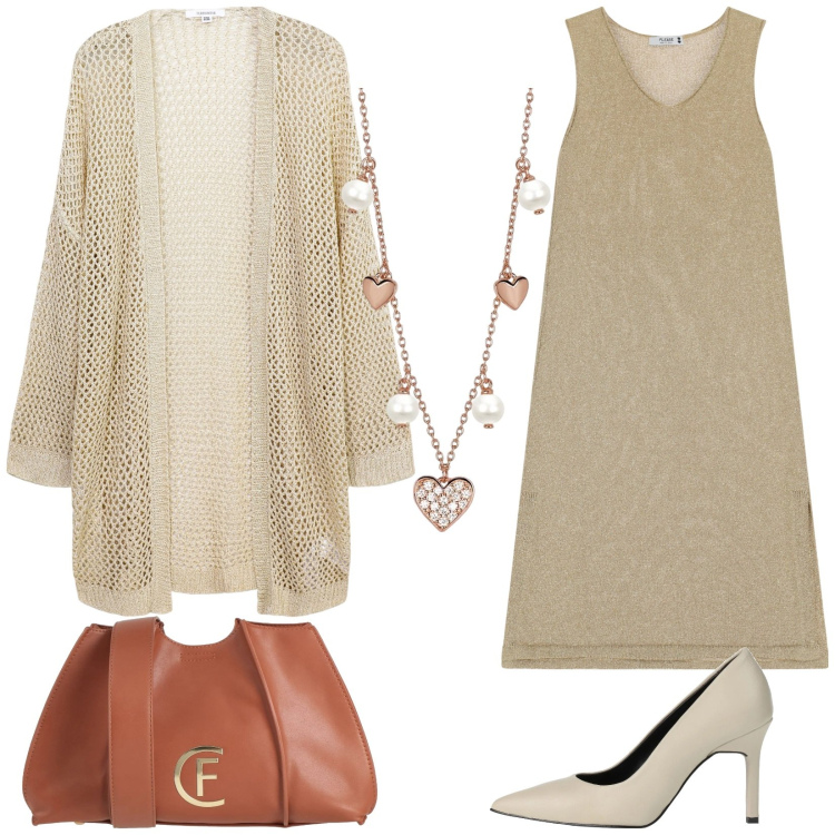 Outfit donna - Aperitivo con le amiche. Stile Casual chic per Tutti i giorni. Abbinamento con décolleté, borse a tracolla, vestiti midi/longuette, collane, kimono.