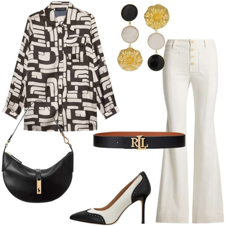 Outfit donna - Maxi camicia black & white. Stile Minimal per Tutti i giorni. Abbinamento con cinture, borse a spalla, pantaloni, décolleté, camicie, orecchini.