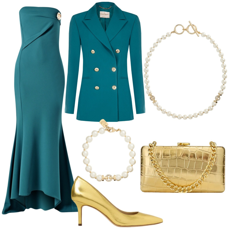 Outfit donna - Rinascimento SS25. Stile Chic per Cerimonia. Abbinamento con vestiti lunghi, blazer, décolleté, clutch, collane, braccialetti.