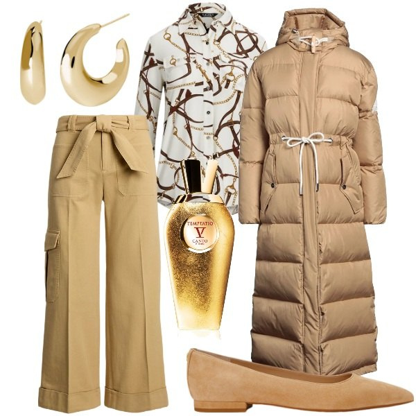Outfit donna - Domenica mattina. Stile Glamour per Tutti i giorni. Abbinamento con piumini, profumi, orecchini, ballerine, camicie, pantaloni cargo.