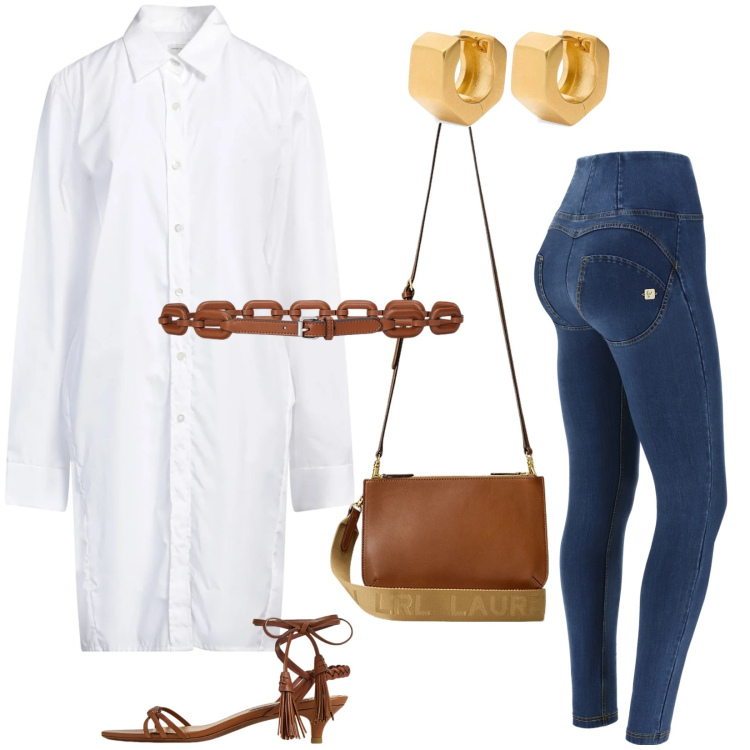 Outfit donna - Con o senza leggings: 2 outfit in 1 !. Stile Minimal per Tutti i giorni. Abbinamento con camicie, jeans skinny, borse a tracolla, sandali col tacco, cinture, orecchini.