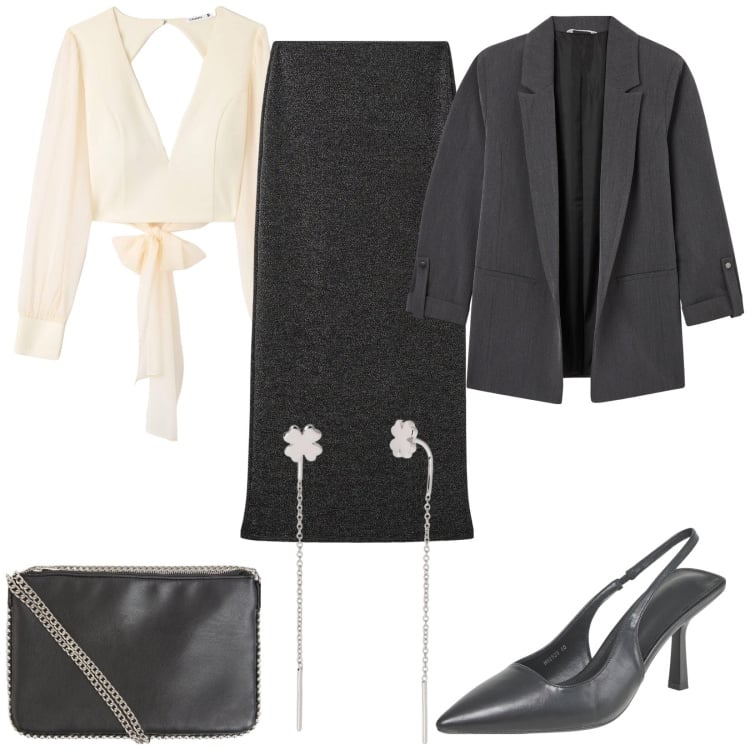 Outfit donna - Terranova san valentino. Stile Glamour per Serata fuori. Abbinamento con gonne lunghe, bluse, blazer, décolleté, borse a tracolla, orecchini.