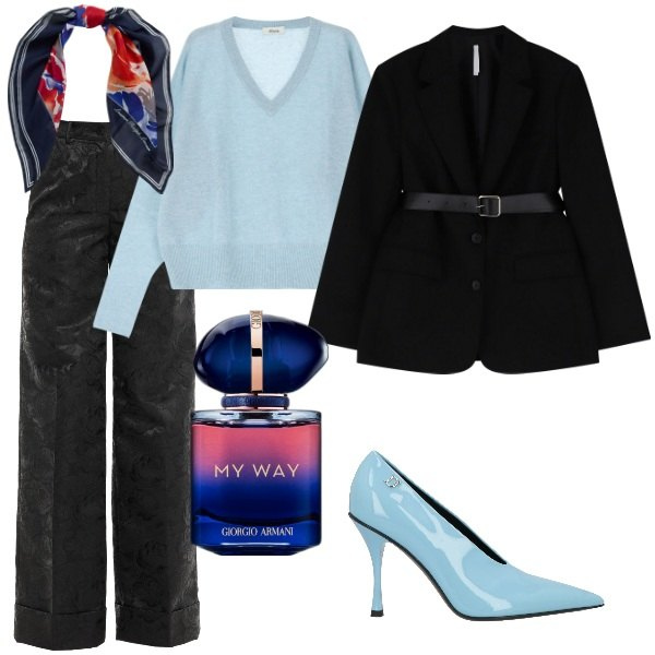 Outfit donna - Serata fuori. Stile Casual chic per Serata fuori. Abbinamento con pantaloni, décolleté, profumi, blazer, pullovers, foulard.