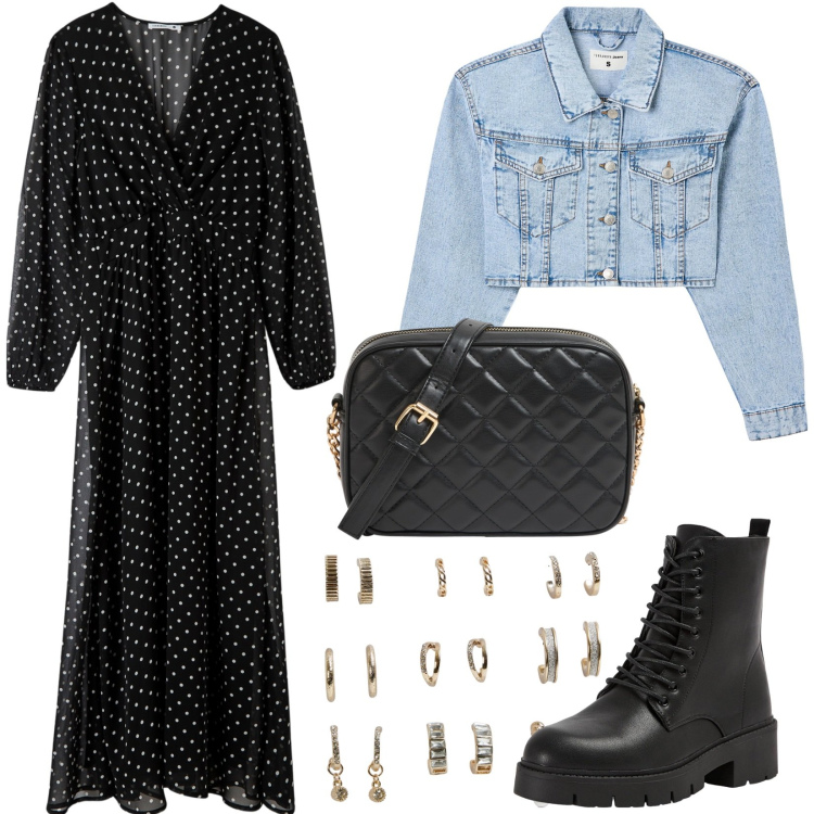 Outfit donna - Abito e giacca di jeans. Stile Boho per Tutti i giorni. Abbinamento con vestiti lunghi, blazer, borse a tracolla, anfibi, orecchini.