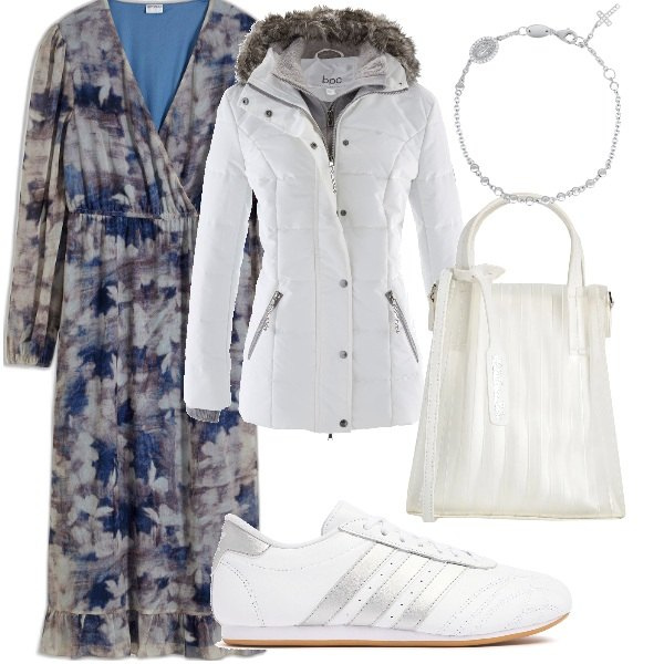 Outfit donna - Total look #2063605. Stile Casual per Tutti i giorni. Abbinamento con piumini, vestiti midi/longuette, borse a mano, braccialetti con ciondoli, sneakers.