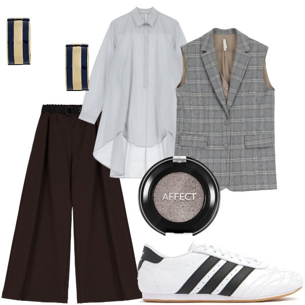 Outfit donna - Domenica mattina. Stile Casual chic per Tutti i giorni. Abbinamento con ombretti, pantaloni, gilet, camicie, orecchini, sneakers.