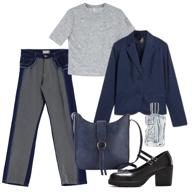 Outfit donna - Perline sul pull. Stile Bon Ton per Tutti i giorni. Abbinamento con blazer, borse a tracolla, décolleté, profumi, jeans, maglieria.
