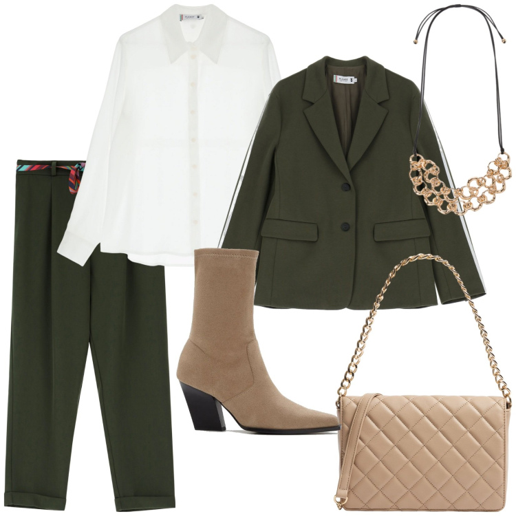Outfit donna - Verde scuro. Stile Bon Ton per Ufficio. Abbinamento con stivaletti, borse a tracolla, pantaloni, blazer, camicie, collane.