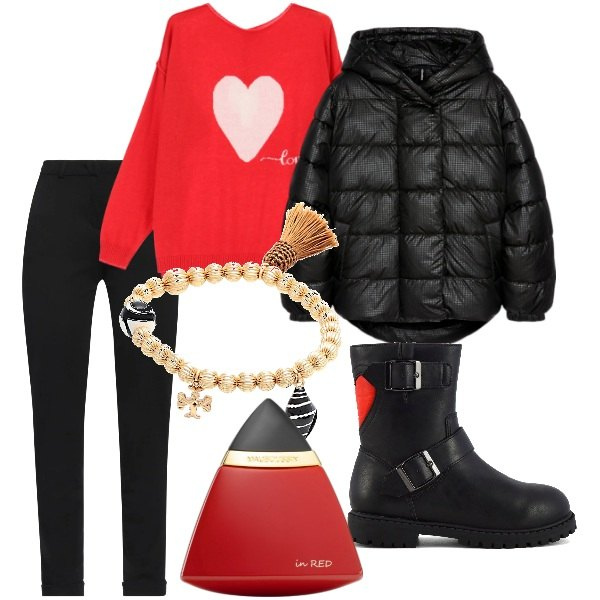 Outfit donna - A spasso per la città. Stile Trendy per Tutti i giorni. Abbinamento con pantaloni, braccialetti, profumi, maglieria, stivaletti, piumini.