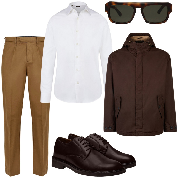 Outfit uomo - Tonalità calde. Stile Business/Elegante per Ufficio. Abbinamento con occhiali da sole, giacche, scarpe stringate, pantaloni, camicie.