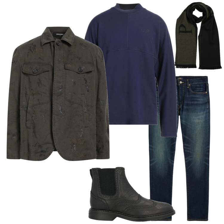 Outfit uomo - Casual chic. Stile Casual per Tutti i giorni. Abbinamento con stivali e stivaletti, felpe, sciarpe, giacche, jeans.