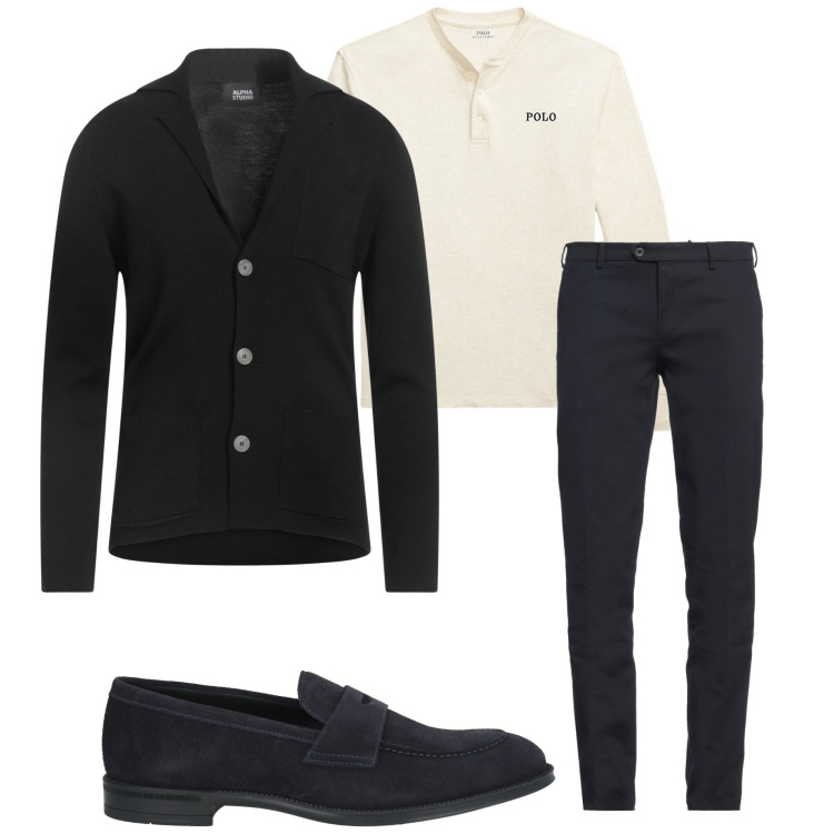 Outfit uomo - Aperitivo con gli amici. Stile Trendy per Serata speciale. Abbinamento con cardigans, pantaloni chino, scarpe stringate, t-shirt.