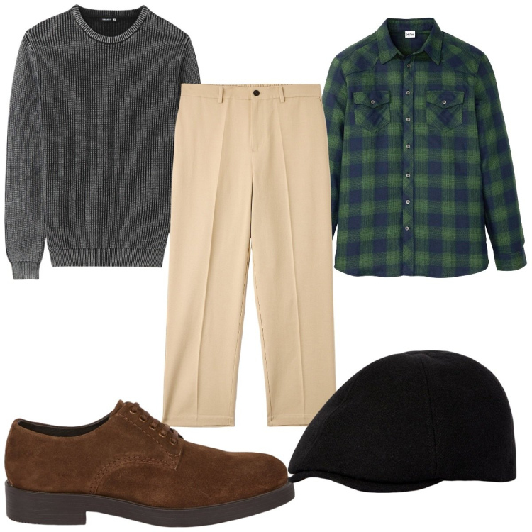 Outfit uomo - Total look #2063634. Stile Casual per Tutti i giorni. Abbinamento con camicie, pantaloni, maglieria, scarpe stringate, cappelli e berretti.