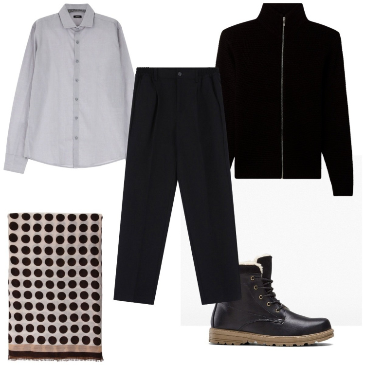 Outfit uomo - Total look #2063638. Stile Casual per Tutti i giorni. Abbinamento con stivali e stivaletti, cardigans, pantaloni, sciarpe e foulard, camicie.