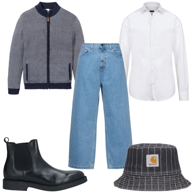 Outfit uomo - Total look #2063642. Stile Casual per Tutti i giorni. Abbinamento con cardigans, stivali e stivaletti, cappelli, camicie, jeans.