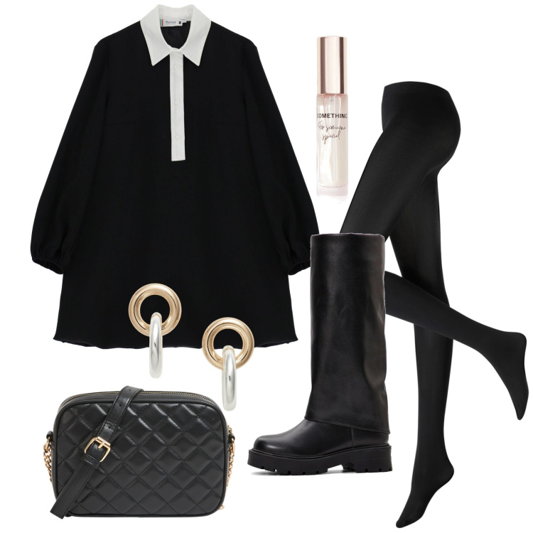 Outfit donna - Preppy noir. Stile Preppy per Serata fuori. Abbinamento con collant, stivali, profumi, borse a tracolla, vestiti corti, orecchini.
