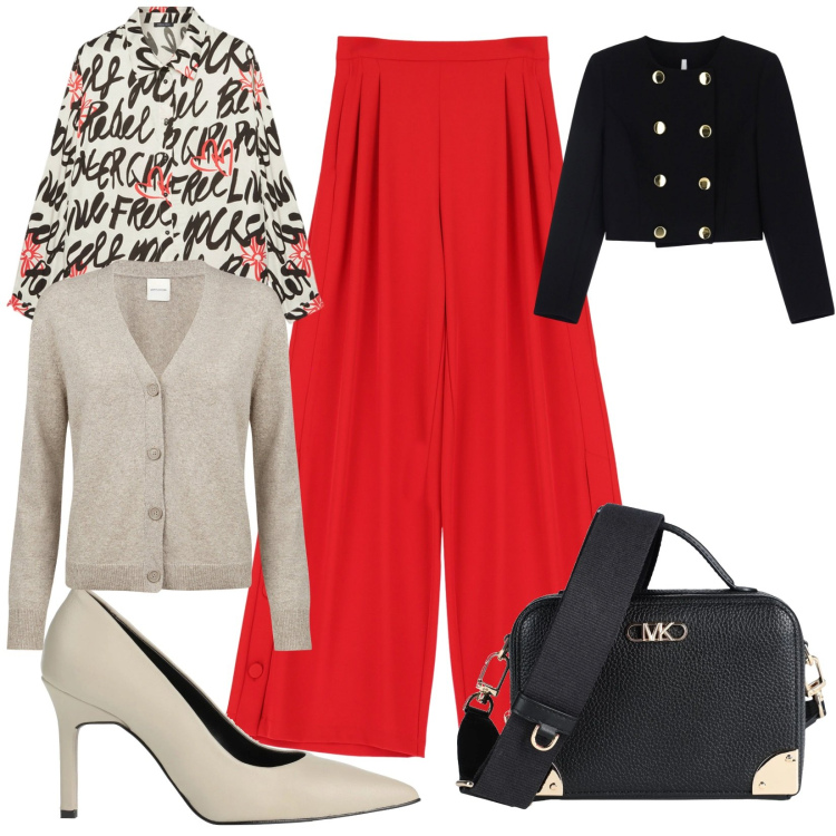 Outfit donna - Total look #2063656. Stile Trendy per Serata fuori. Abbinamento con borse a tracolla, décolleté, pantaloni, blazer, cardigans, camicie.