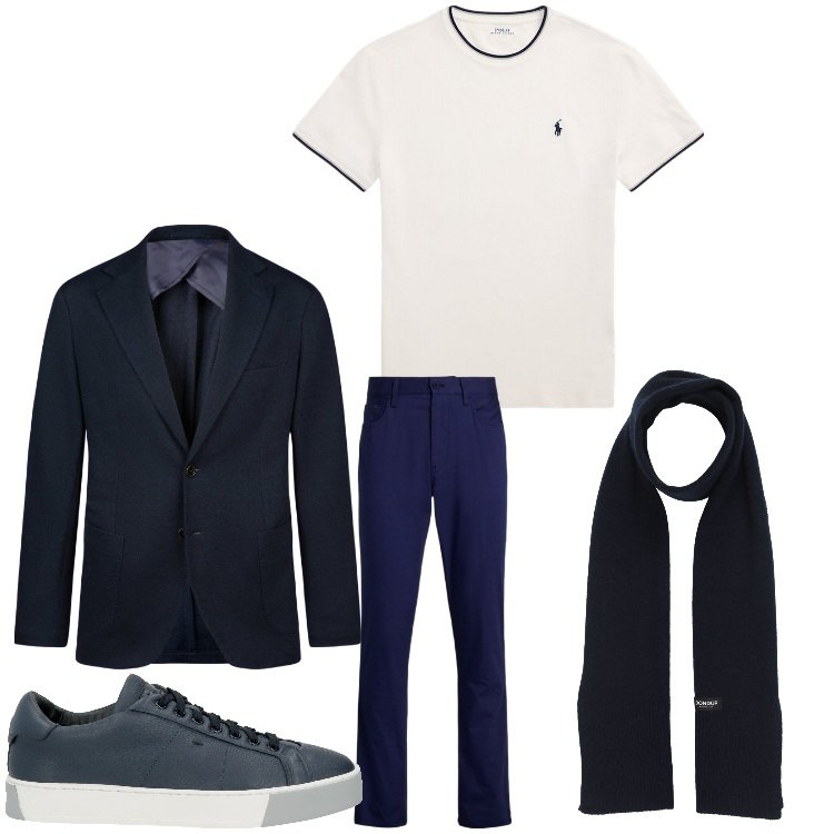 Outfit uomo - Giacca e t- shirt. Stile Business/Elegante per Serata speciale. Abbinamento con sciarpe, sneakers, t-shirt, pantaloni, giacche.
