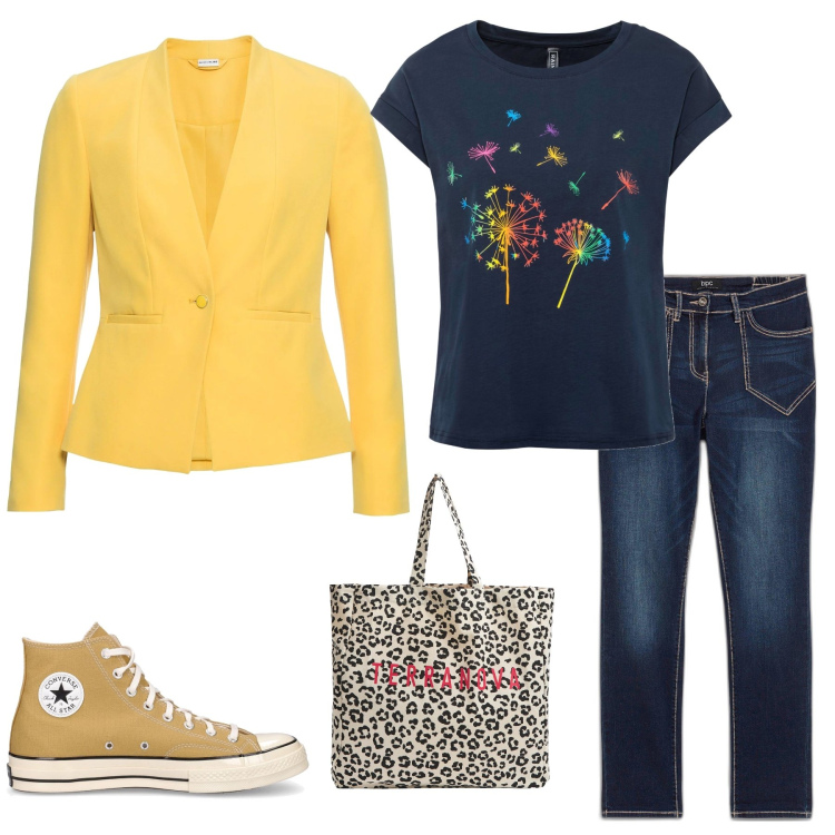 Outfit donna - Dente di leone. Stile Casual per Tutti i giorni. Abbinamento con blazer, t-shirt, jeans dritti, shopping bag, sneakers.