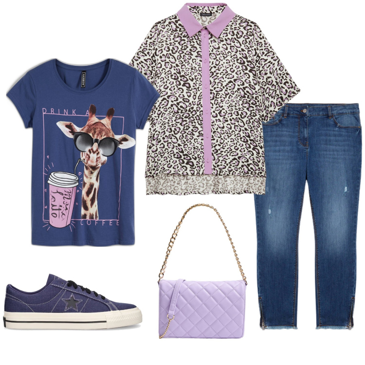 Outfit donna - Giraffa viola. Stile Casual per Tutti i giorni. Abbinamento con t-shirt, borse a tracolla, camicie a manica corta, sneakers, jeans strappati.