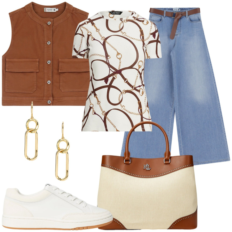 Outfit donna - Jeans e vai. Stile Trendy per Tutti i giorni. Abbinamento con gilet, jeans, sneakers, orecchini, t-shirt, borse a mano.