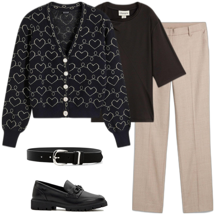 Outfit donna - Essenziale in beige e nero. Stile Casual per Ufficio. Abbinamento con pantaloni, cinture, cardigans, t-shirt, mocassini.