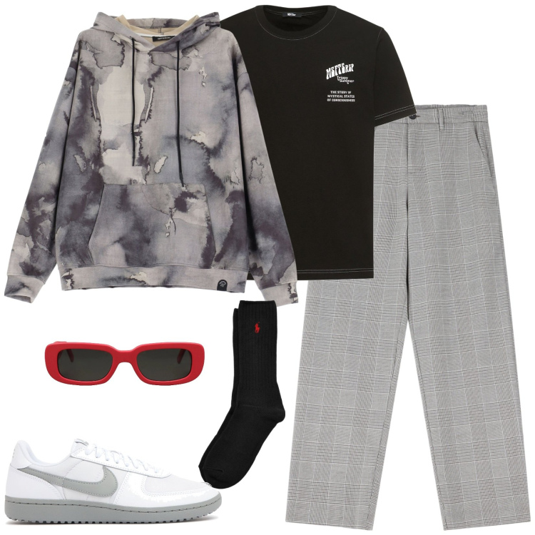 Outfit uomo - Il cantante. Stile Trendy per Tutti i giorni. Abbinamento con occhiali da sole, pantaloni, felpe con cappuccio, calzini, t-shirt, sneakers.