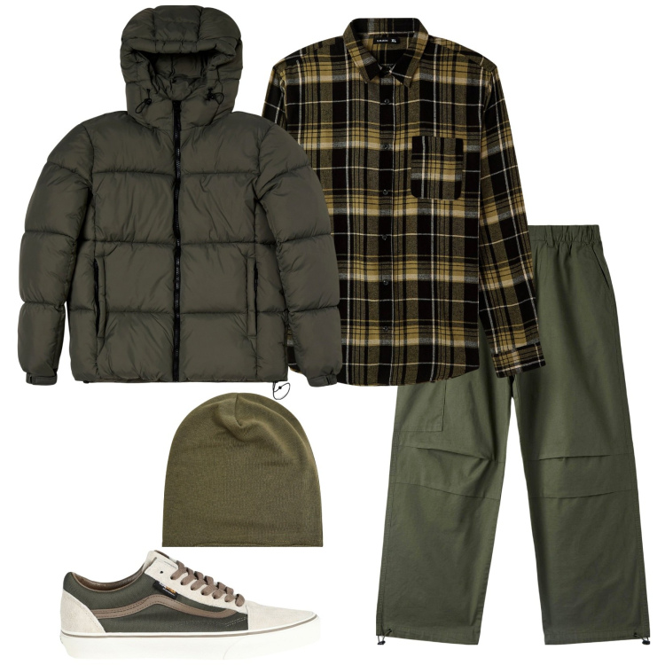 Outfit uomo - Country. Stile Casual per Tutti i giorni. Abbinamento con sneakers, camicie, berretti, pantaloni, piumini.