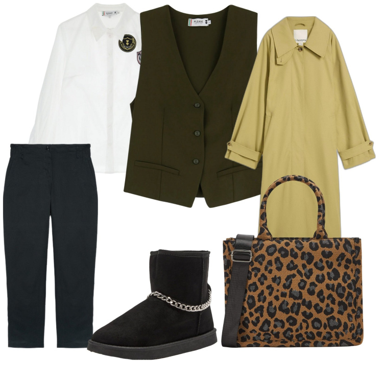 Outfit donna - Tutti i giorni. per Ufficio. Abbinamento con trench, shopping bag, stivaletti, gilet, camicie, pantaloni.